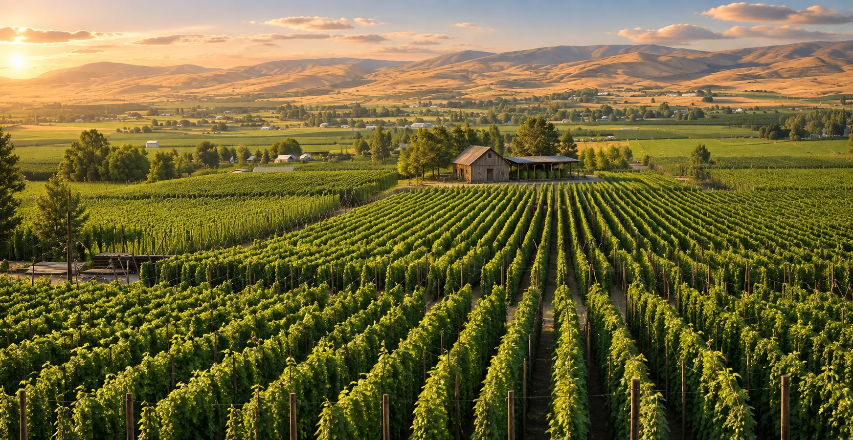 Hop fields with a barn at sunset